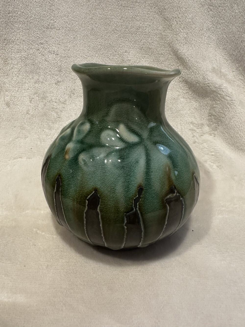 Handcrafted pottery vase green Brown crackle dripping glaze Decor Boho Retro